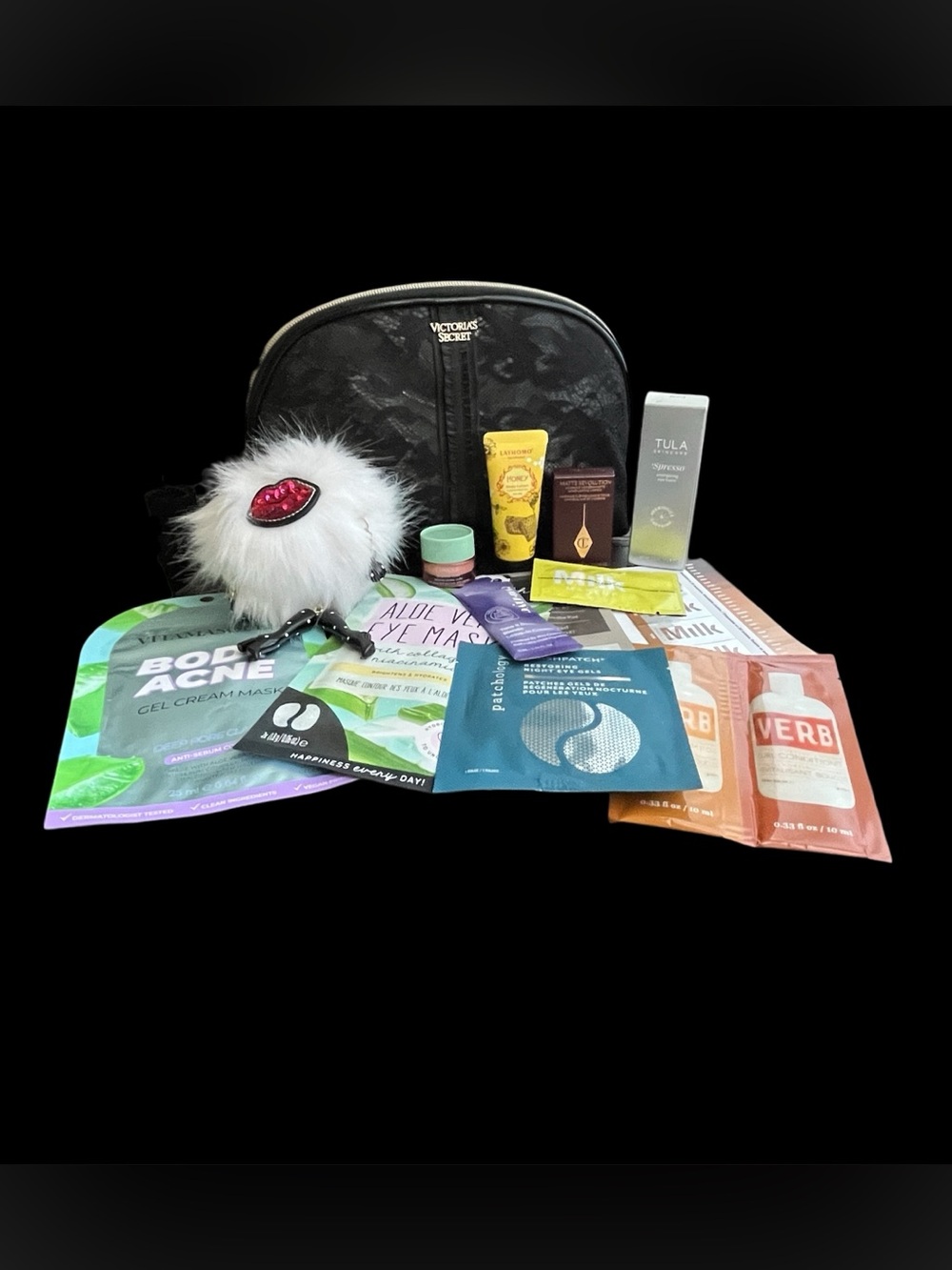 Victoria’s Secret Black Lace Makeup Bag Charm and Luxe Skincare Beauty Lot